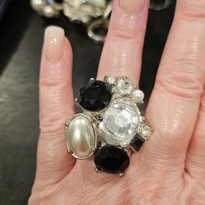 White House Black Market Black, Silver, Pearl, & Clear Stone Stretch Ring